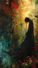 A woman is standing in a field of flowers