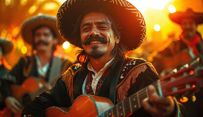 A joyful mariachi musician playing guitar, surrounded by band members in a vibrant, festive atmosphere.