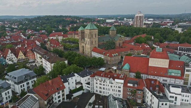 Aerial drone view of Dom St. Petrus in Osnabr&uuml;ck, Germany. St. Peter's Cathedral serves as the cathedral of the Roman Catholic Diocese of Osnabr&uuml;ck. 