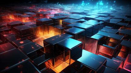 Abstract 3D Render of Blue and Red Glowing Cubes