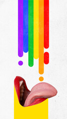 Poster. Contemporary art collage. Mouth with rainbow coming to it, person absorb joy or positivity through freedom of choice. Concept of human rights, freedom, love diversity celebration. Ad