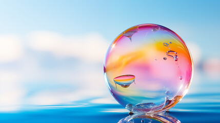 Colorful Soap Bubble with Vivid Reflections and Blue Sky