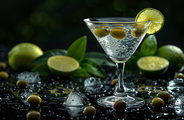 A martini glass filled with a clear cocktail, garnished with a lime slice, surrounded by olives, ice cubes, and lime wedges on a dark, wet surface. - Powered by Adobe