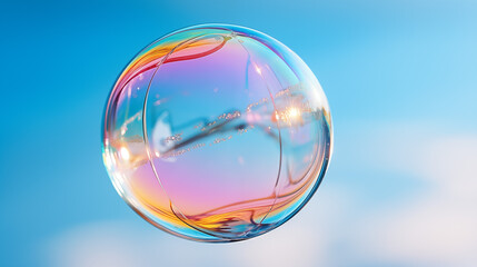 Clear Soap Bubble with Rainbow Reflections on Blue Background