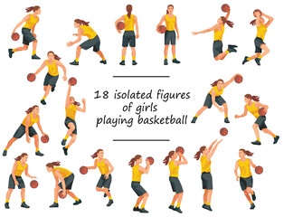 18 women's basketball girl players in yellow jersey standing with the ball, running, jumping, throwing, shooting, passing the ball