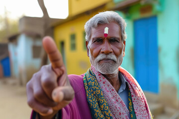indian senior man showing finger after voting - obrazy, fototapety, plakaty