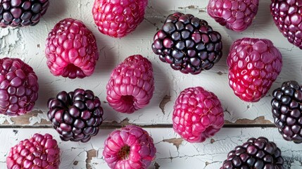   A collection of raspberries atop a white wooden table, some arranged individually, others stacked...