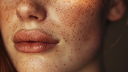 A close-up of the woman's face. Her skin is clear and her features are delicate. Her lips are slightly parted as she breathes in the air. Her eyes are closed 