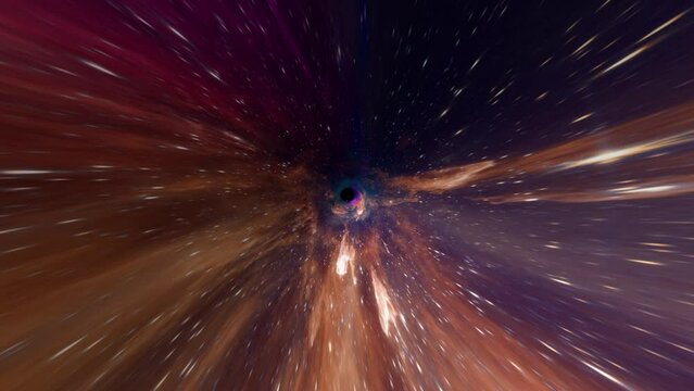 Wormhole through time and space. Space curvature. Hyperjump in space in hyperspace among colorful stars, galaxies and nebulae. Flying through space tunnel. Elements of this video furnished by NASA.