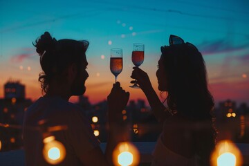 Happy friends with drinks toasting at rooftop party at night, Generative AI