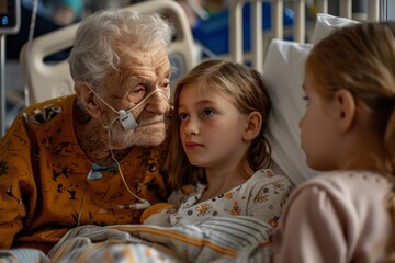 Little girls visiting grandfather in hospital, who is recovering from coronavirus, Generative AI