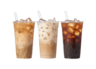 Trio of iced coffee beverages in clear cups with straws, featuring varying levels of milk and cream. Generative AI