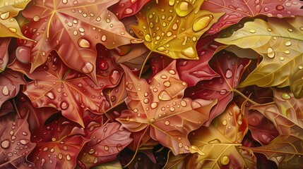 A close-up, detailed illustration of a pile of wet autumn leaves after a rain. 