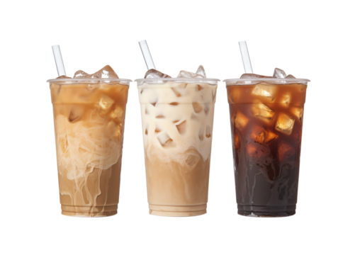 Trio of iced coffee beverages in clear cups with straws, featuring varying levels of milk and cream. Generative AI