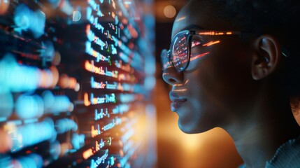 Programmer or IT person in glasses and on a 3D screen thinking about data analytics, digital technology, and cybersecurity. Code hologram and woman on tablet thinking about data analytics, digital