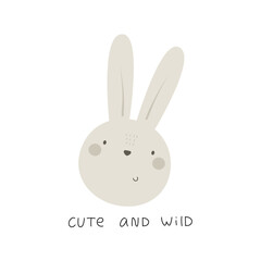 Cute and wild. cartoon bunny, hand drawing lettering, decorative elements. flat style, colorful vector for kids. baby design for cards, poster decoration, t-shirt print