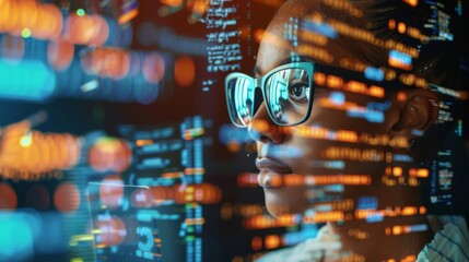 Programmer or IT person in glasses and on a 3D screen thinking about data analytics, digital technology, and cybersecurity. Code hologram and woman on tablet thinking about data analytics, digital