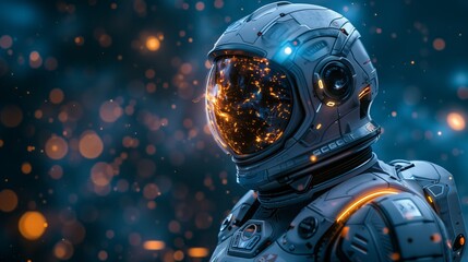 Astronaut, cosmonaut in a futuristic helmet in space. The glass of the helmet reflects the glare of flashes. Mission searching and discovering new habitable planets.