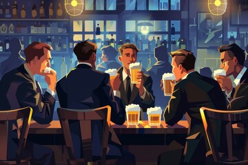 Business people drink beer after work in pub. Businessmen enjoy a beer, Generative AI