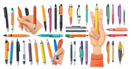 An illustration of writing and drawing tools in hand, with a pencil, pen, stylus and felt-tip pen.