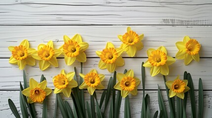   A pristine white backdrop showcases a large arrangement of yellow daffodils Green leaves and flowers populate the foreground