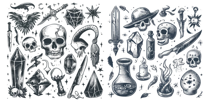 Witch hand drawn magic elements, crystals, sarcophagi, knives, mystery tattoos sketch modern illustration icons set