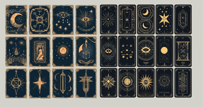  An esoteric  spiritual tarot reader moon, crystal and magic eye symbols modern illustration set