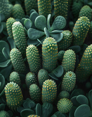 Close-up of green cacti with yellow spikes, surrounded by succulent plants with a soft focus background.
