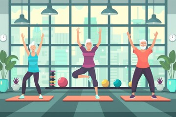 Happy senior people doing exercises in gym to stay fit. People sport concept, Generative AI