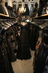 A black dress is hanging in a store with many other dresses