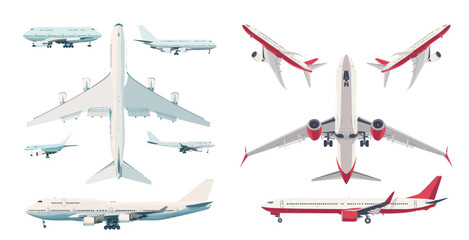 Flying airplane isolated modern illustrations. View of a plane from the front, side, and top