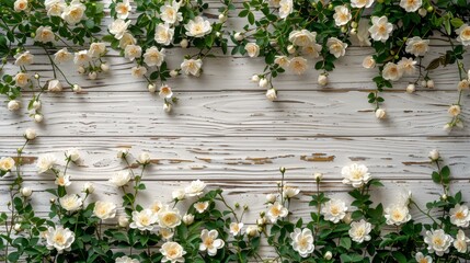   White flowers grow abundantly on a green-leafed white wood plank wall