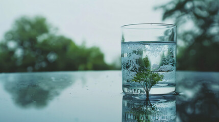 Double exposure of nature and glass of pure water