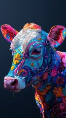 A cow with a colorful face is painted on a wall