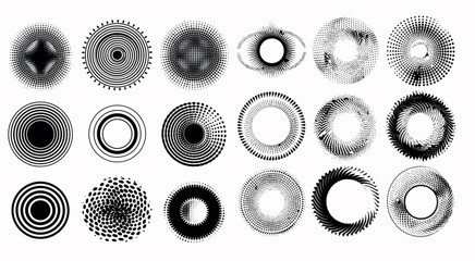 Halftone round frames, rotating dotted circle shapes. Geometric art, radial border design.