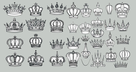Crown sketch line art and tiara tiaras for crowned heads, luxurious diadems, and royal decals modern illustration set. Royal head accessories linear collection.
