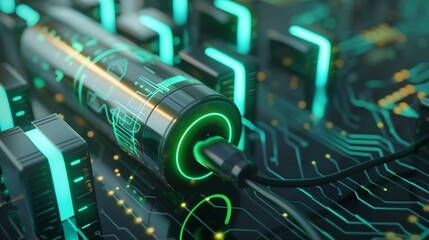 Technology battery high power electric energy with a connected charging cable. Battery to electric cars and mobile devices with clean electric, Green renewable energy battery storage future.