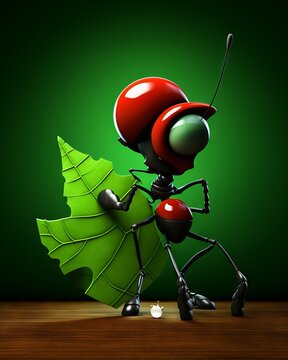 3D rendering of a red ant carrying a green leaf on its back on a wooden table. The ant has a shiny exoskeleton and large eyes.