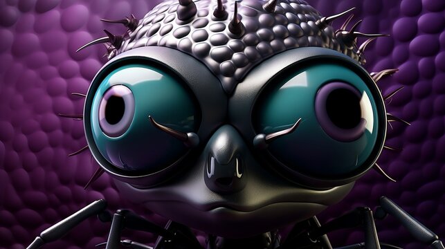 A 3D rendering of a housefly with a metallic purple body and green eyes.