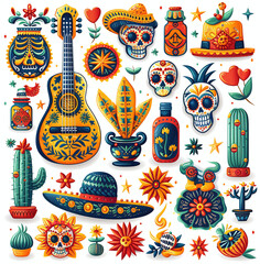 Obraz premium Colorful collection of Mexican Day of the Dead (Dia de los Muertos) themed icons including decorated skulls, cacti, guitars, and flowers, all in a vibrant, folk art style.