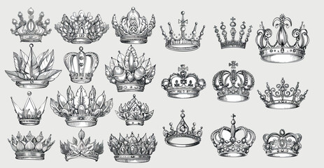  King crown sketches, majestic tiaras, and a royal tiara with the king and queen