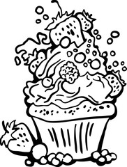 Sweet tasty dessert cupcake with cream and deco for morning breakfast in café or restaurant. Mini birthday cake for pleasure. Hand drawn retro vintage colorful vector illustration. Old style drawing.