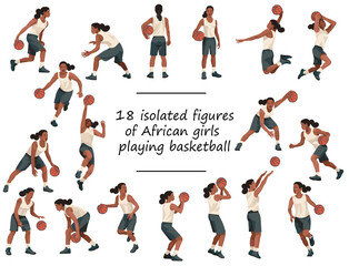 18 black girls women's basketball players in white jersey standing, running, jumping, throwing, shooting, passing the ball