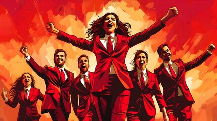 Celebrating Success Woman and Businessmen Rejoicing Over a Profitable Deal in Their Smart Red Suits
