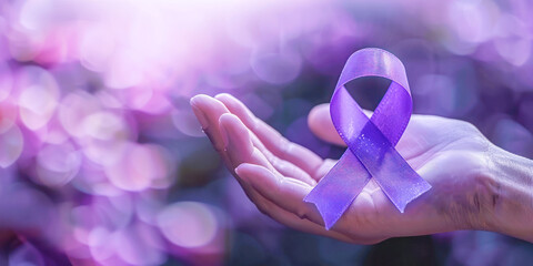 Supporting Alzheimer's Awareness - Purple Ribbon. A gentle hand cradles a symbolic purple ribbon against a soft, glowing bokeh background, representing support and awareness for Alzheimer's disease.