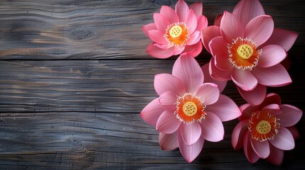   A collection of pink blooms atop a wooden table, nearby rests a sheet of paper with a solitary button