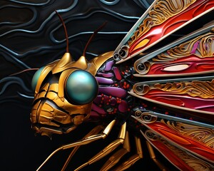 The image is a 3D rendering of a dragonfly with a steampunk aesthetic. The dragonfly is made of metal and has intricate details.