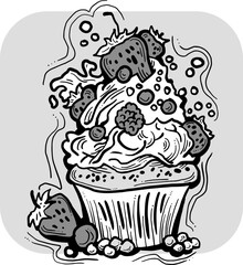 Sweet tasty dessert cupcake with cream and deco for morning breakfast in café or restaurant. Mini birthday cake for pleasure. Hand drawn retro vintage colorful vector illustration. Old style drawing.