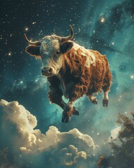 A cow is flying through the sky with stars in the background