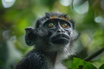 Obraz premium A baby monkey with a yellow face staring at the camera